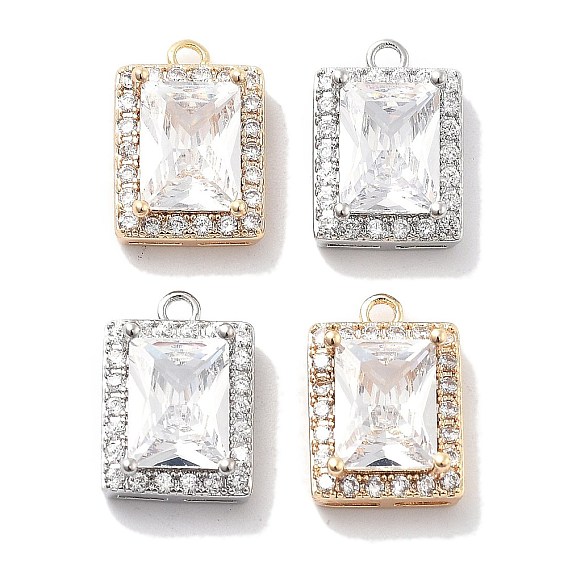 Латунные микропаве прозрачные подвески с фианитом, без кадмия, без никеля и без свинца, со стеклом, прямоугольник амулеты