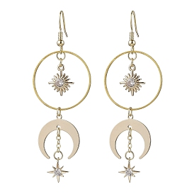 Brass with Cubic Zirconia Dangle Earrings, Moon & Star