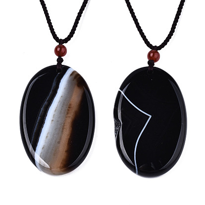 Natural Gemstone Pendant Necklaces, Slider Necklaces, with Random Color Polyester Cords, Oval