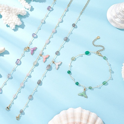 4 шт. 4 стили латунь ручная работа натуральный морганит и аметист и лабрадорит и зеленый оникс агат (окрашенный и нагретый) самородки звенья цепи сплав эмаль китовый хвост подвеска браслеты на ногу для женщин, золотые