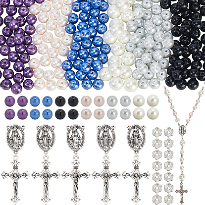Наборы для самостоятельного изготовления четок из бусин, включая подвески из сплава крестов, звенья и наконечники бусин, Стеклянные жемчужные бусины, 304 штыри из нержавеющей стали