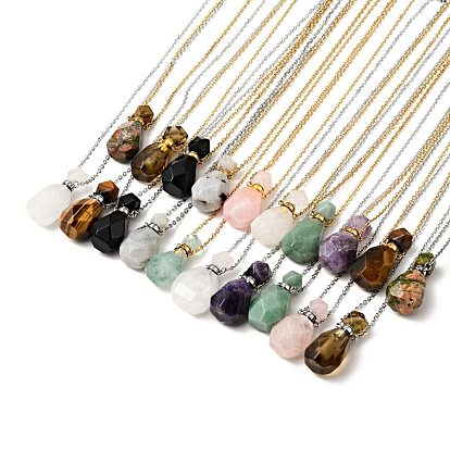 Colliers pendentif bouteille de parfum de pierres précieuses à facettes ouvrables pour femmes, 304 acier inoxydable colliers de chaînes du câble