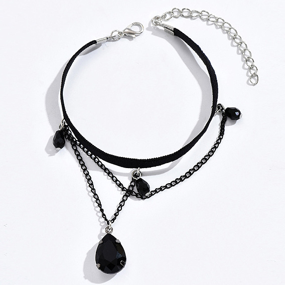 Женские браслеты на ногу из сплава с цепочкой из бархатного шнура и стеклянной каплевидной кисточкой, платина