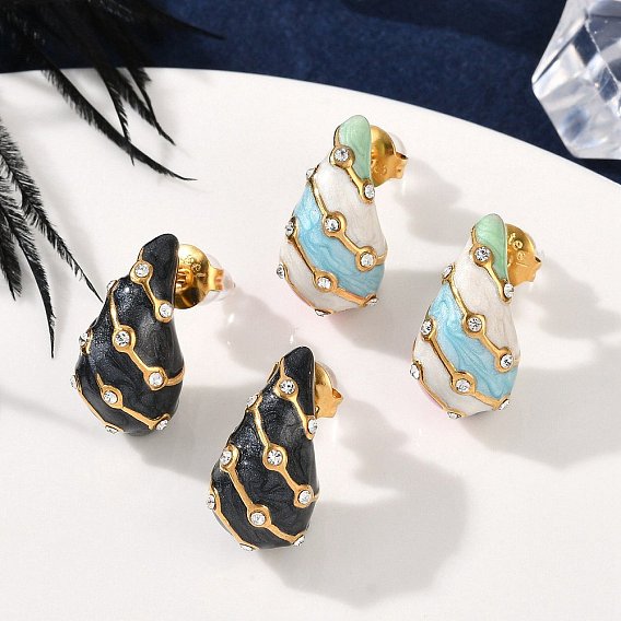 304 серьги из нержавеющей стали эмаль, со стразами, слеза, золотые