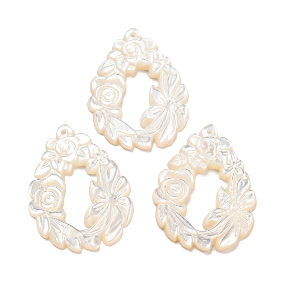 Natural Sea White Shell Pendants, Teardrop Wreath Charms