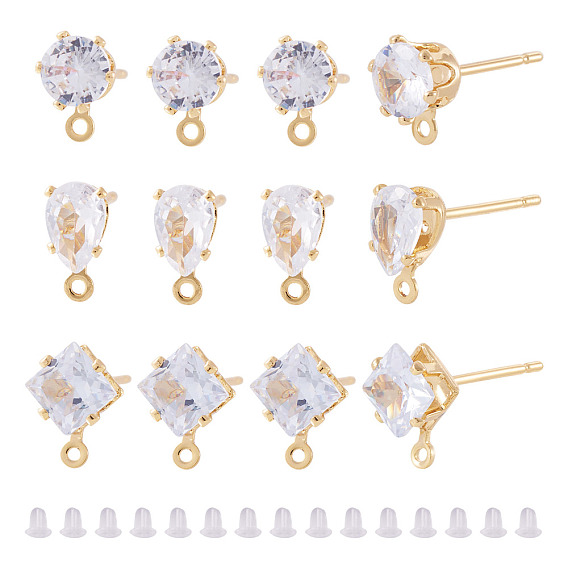 18 шт. 3 стили латунные микропаве прозрачные кубические циркониевые серьги-гвоздики фурнитура, с петлей, долговечный, без никеля , реальный 18 k позолоченный, с ушными гайками 18 шт.