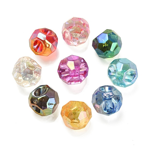 UV Plating Rainbow Iridescent Acrylic European Beads, Faceted, Large Hole Beads, Round