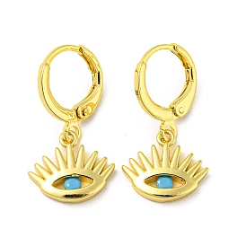 Real 18K Gold Plated Brass Dangle Leverback Earrings, with Glass, Evil Eye