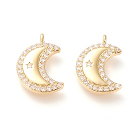 Brass Micro Pave Clear Cubic Zirconia Pendants, Long-Lasting Plated, Moon with Star