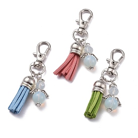 Pendentif pompon en faux suède, avec fermoirs mousqueton pivotants en alliage et pendentif ange en opalite