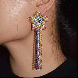 Bold and Glamorous Long Tassel Earrings with Colorful Rhinestone Stars - Fashionable Statement Jewelry for Women