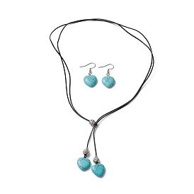 Synthetic Turquoise Heart Lariat Necklace & Dangle Earring Sets, Cowhide Leather Cord & Stainless Steel Earring Hooks Jewerly for Women