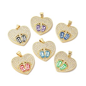 Rack Plating Brass Cubic Zirconia Pendants, with Enamel & Shell, Long-Lasting Plated, Lead Free & Cadmium Free, Real 18K Gold Plated, Heart with Foot