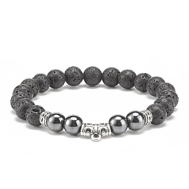 Natural Lava Rock & Synthetic Hematite Stretch Bracelet with Alloy Tube Beaded, Essential Oil Gemstone Jewelry for Women
