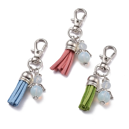 Pendentif pompon en faux suède, avec fermoirs mousqueton pivotants en alliage et pendentif ange en opalite