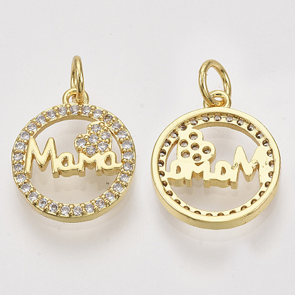 For Mother's Day, Brass Micro Pave Cubic Zirconia Pendants, with Jump Rings, Flat Round with Word Mama, Clear