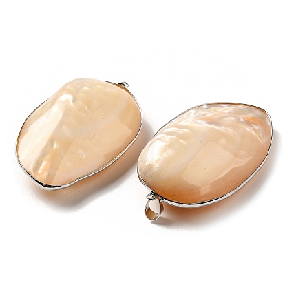 Electroplate Natural White Shell Big Pendants, Platinum Plated Brass Nuggets Charms with Iron Snap on Bails