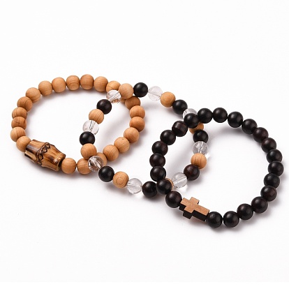 Stretch Bracelets Sets, with Natural Bodhi Beads, Natural Wooden Beads & Gemstone Beads