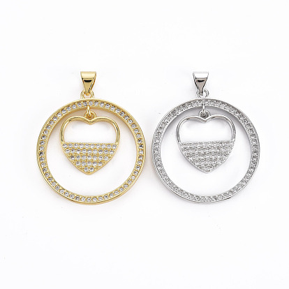 Brass Micro Pave Cubic Zirconia Pendants, Cadmium Free & Nickel Free & Lead Free, Ring with Heart