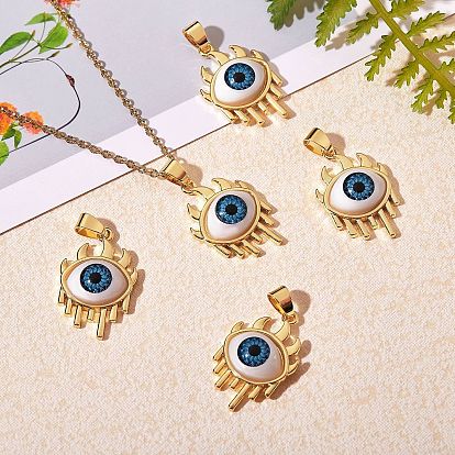 5Pcs Brass Pendants, with Resin Cabochons, Long-Lasting Plated, Eye, Real 18K Gold Plated