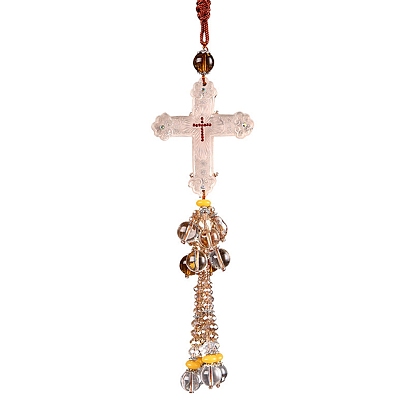 Cross with Tassel Glass Pendant Decorations, for Interior Car Mirror Hanging Decorations