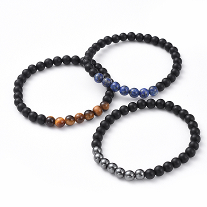 Unisex Natural Black Agate(Dyed) Beads Stretch Bracelets, with Gemstone Beads, Round