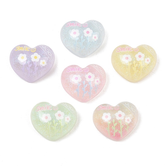 Printed Transparent Resin & Glitter Powder Cabochons, Heart with Word Smile & Flower