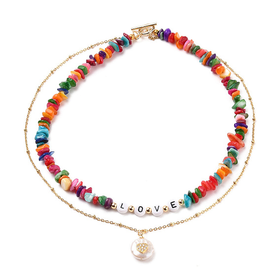 Valentine's Day Double Layer Necklaces, with Chip Dyed Natural Shell Beads, 304 Stainless Steel Cable Chains, Acrylic Letter Beads and Pearl Pendants, Word Love, Golden