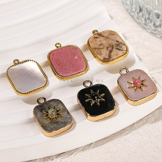 Подвески из нержавеющей стали с натуральными драгоценными камнями, квадратных амулеты, золотые