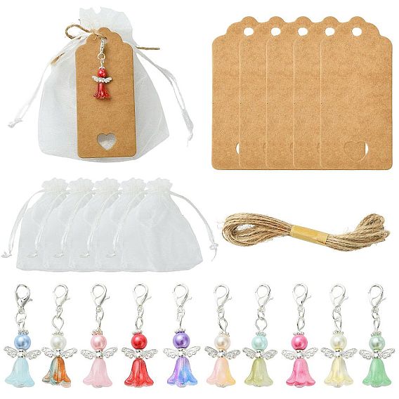 Angle Glass Pendant Decorations, Lobster Clasp Charms, with Organza Gift Bags, Paper Price Tags and Jute Cord