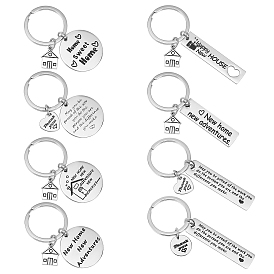PandaHall Elite 8Pcs 8 Style 304 Stainless Steel Lettering Keychains, Teachers' Day Theme, with Word, Flat Round & House & Heart & Rectangle