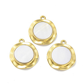 304 Stainless Steel Pave Natural White Shell Pendants, Flat Round Charms