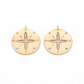 Brass Micro Pave Clear Cubic Zirconia Pendants, Nickel Free, Flat Round with Compass