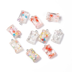 Transparent Resin Pendants, with Platinum Plated Iron Loops, Candy Charm with Heart/Rectangle/Star Pattern