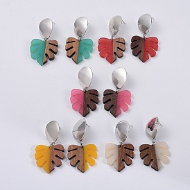 Ear Studs, with 304 Stainless Steel Findings, Brass Findings and Resin & Wood Pendants, Tropical Leaf Charms, Monstera Leaf