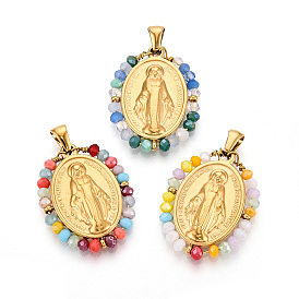 304 подвески из нержавеющей стали, овальные с рисунками " virgin mary", со стеклянными бусинами, ионное покрытие (ip), реальный 18 k позолоченный, граненые