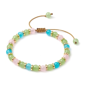 Adjustable Colorful 6.5mm Round Imitation Jade Glass & Brass Braided Bead Bracelets for Women