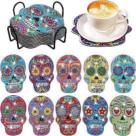 DIY 5D Diamond Painting Cup Mat Kits, including Wood Cup Mat, Resin Rhinestones, Diamond Sticky Pen, Tray Plate and Glue Clay, Skull