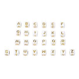 Plating Acrylic Beads, Metal Enlaced, Horizontal Hole, Alphabet Style, Cube