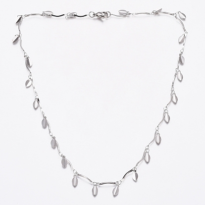 304 Stainless Steel Leaf Charm Necklaces, Bar Link Chain Necklaces, with Lobster Claw Clasps