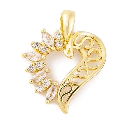 Rack Plating Brass Micro Pave Clear Cubic Zirconia Pendants, Long-Lasting Plated, Lead Free & Cadmium Free, Heart