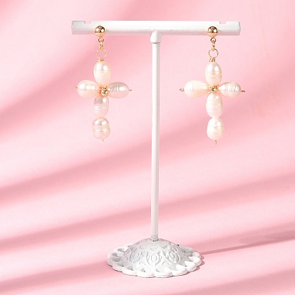 Natural Pearl Beaded Cross Dangle Stud Earrings, Golden Brass Wire Wrap Jewelry for Women, Lead Free & Cadmium Free & Nickel Free