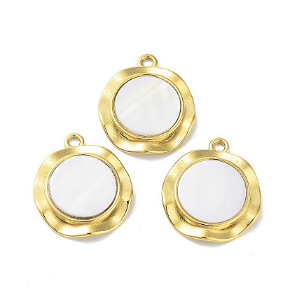 304 Stainless Steel Pave Natural White Shell Pendants, Flat Round Charms