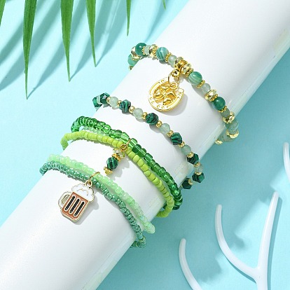 4Pcs 4 Style Natural & Synthetic Mixed Gemstone & Glass Beaded Stretch Bracelets Set, Alloy Enamel Clover & Cup Charms Stackable Bracelets for Women