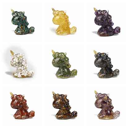 Resin Unicorn Figurine Home Decoration, with Natural Mixed Gemstone Chips Inside Display Decorations