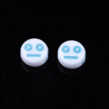Opaque White Acrylic Beads, Craft Style, Flat Round with Expression