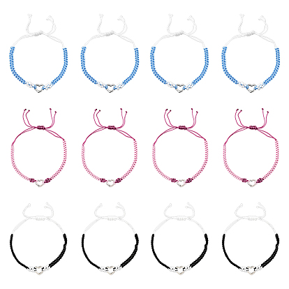 12 шт. 3 цвета регулируемые нейлоновые плетеные браслеты для женщин, с подвеской в виде сердца из платинового сплава