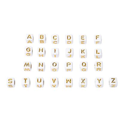 Plating Acrylic Beads, Metal Enlaced, Horizontal Hole, Alphabet Style, Cube