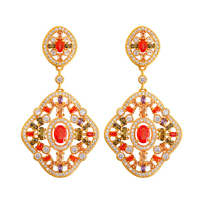 Серьги-гвоздики с подвесками из латуни с микропаве из кубических цирконий в форме овала и ромбов, золотые