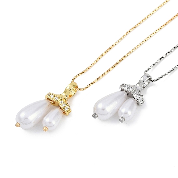 Стойка покрытие латунь микропаве прозрачный кубический цирконий каплевидный кулон коробка цепочка ожерелья, с abs имитационными жемчужными бусинами , без кадмия и без свинца, долговечный